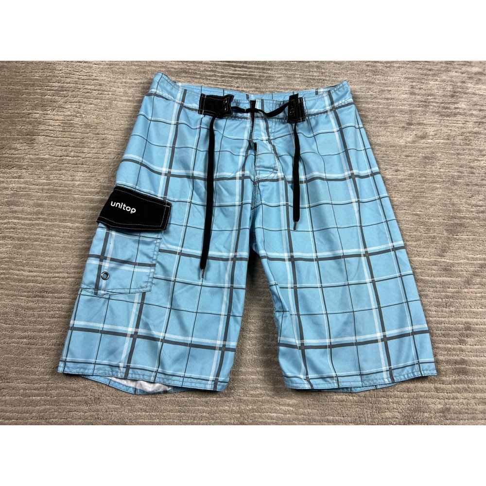 Unitop Board Shorts Men 30 Blue Plaid Swim Trunks Cargo Pocket Mesh Lined Summer